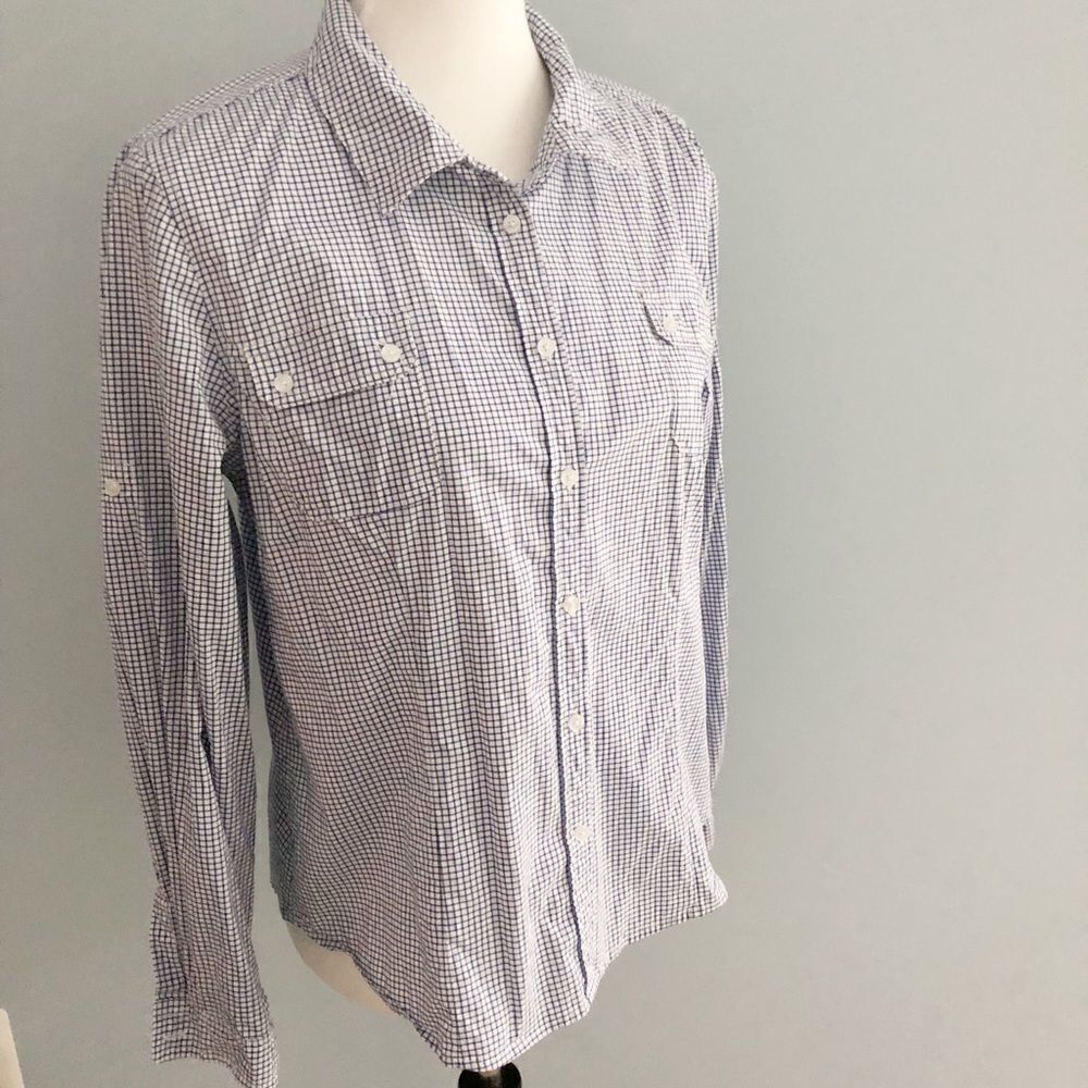 CalvinโKleinโBlue/WhiteโCheckย ButtonโDownโPetiteโL